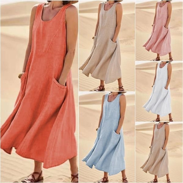 Summer Pocket Sleeveless Round Neck Women's Cotton And Linen Dress
