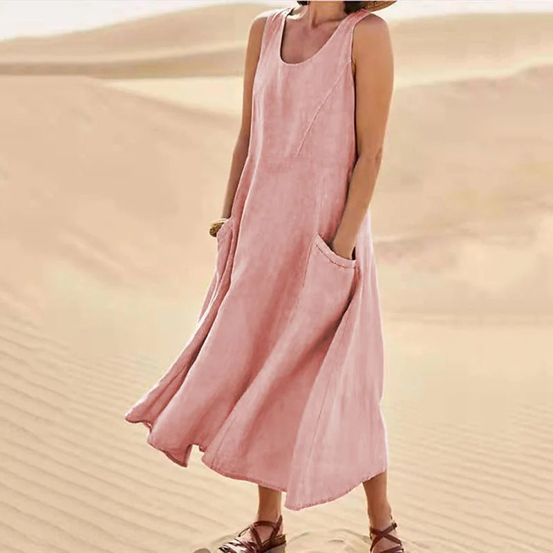 Summer Pocket Sleeveless Round Neck Women's Cotton And Linen Dress