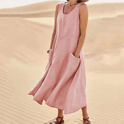 Summer Pocket Sleeveless Round Neck Women's Cotton And Linen Dress