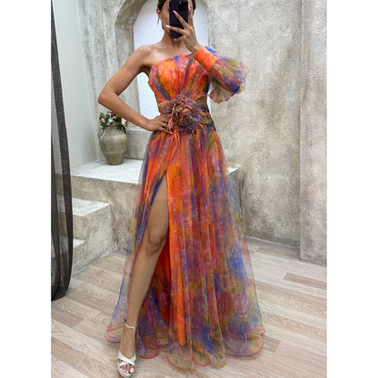 Women's Off-Shoulder Tie-Dye Mesh Slit Long Dress – Summer Party Fashion