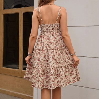 Women Floral Pleated Lace Up Dress