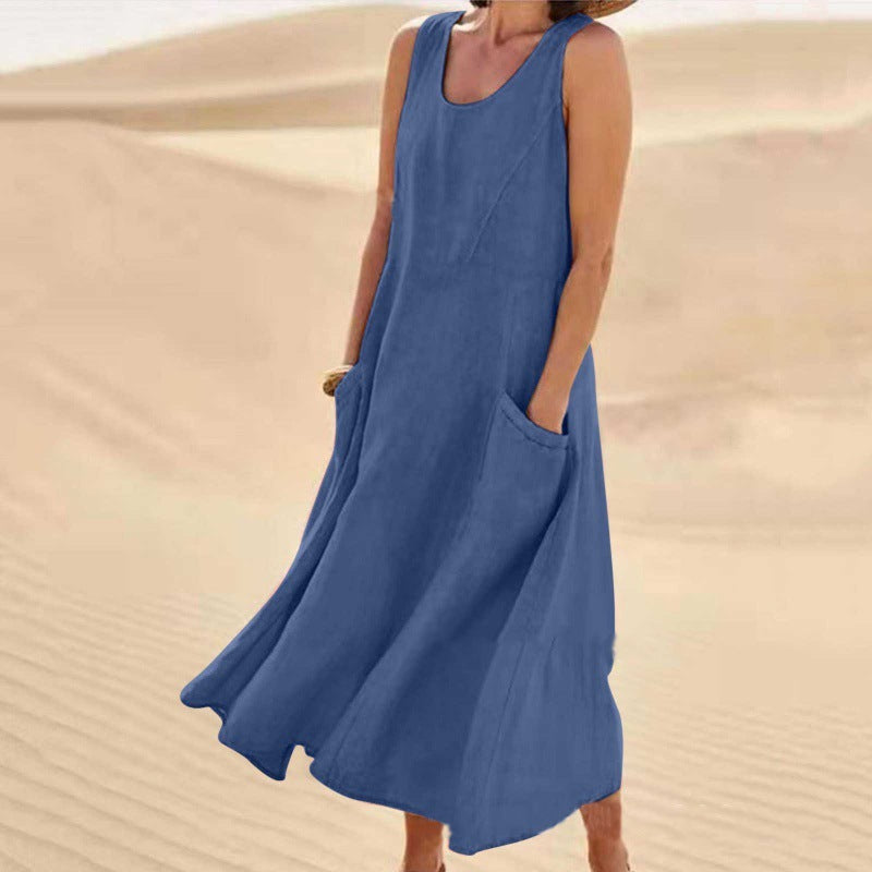 Summer Pocket Sleeveless Round Neck Women's Cotton And Linen Dress