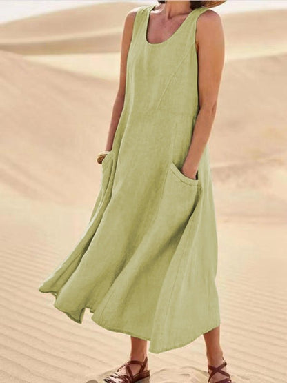 Summer Pocket Sleeveless Round Neck Women's Cotton And Linen Dress