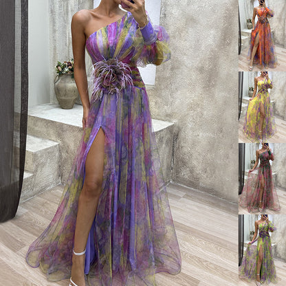 Women's Off-Shoulder Tie-Dye Mesh Slit Long Dress – Summer Party Fashion