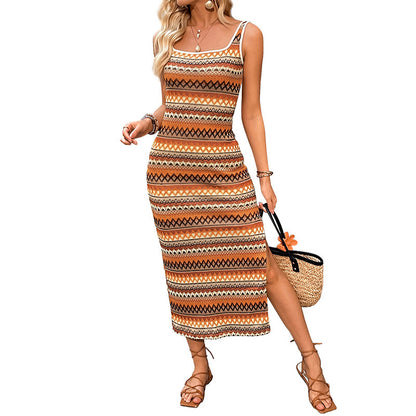Casual Sleeveless Split Jacquard Geometric Stripes Dress