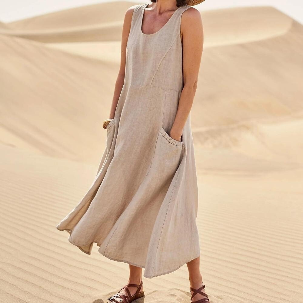 Summer Pocket Sleeveless Round Neck Women's Cotton And Linen Dress
