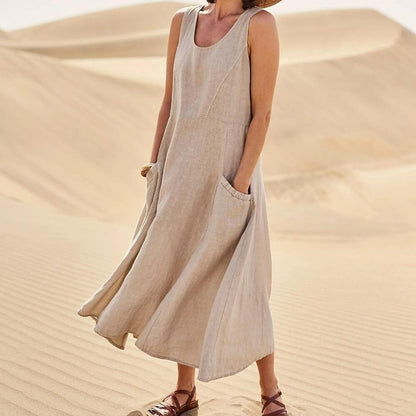Summer Pocket Sleeveless Round Neck Women's Cotton And Linen Dress