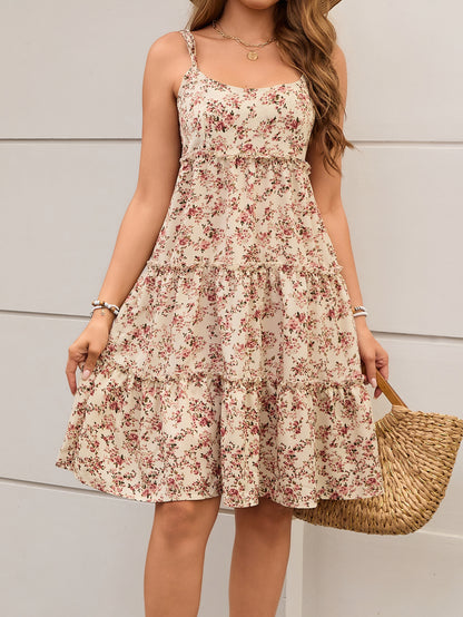 Women Floral Pleated Lace Up Dress