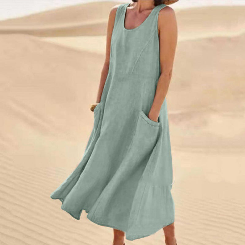 Summer Pocket Sleeveless Round Neck Women's Cotton And Linen Dress
