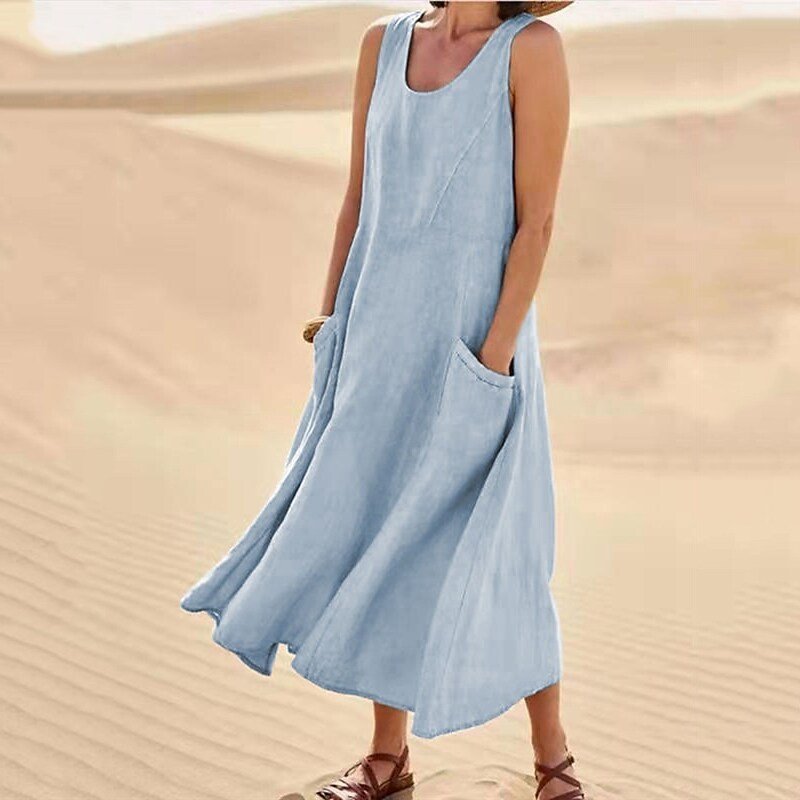 Summer Pocket Sleeveless Round Neck Women's Cotton And Linen Dress