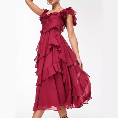 Elegant Summer Holiday Ruffle Maxi Dress – Backless Square Neck Style