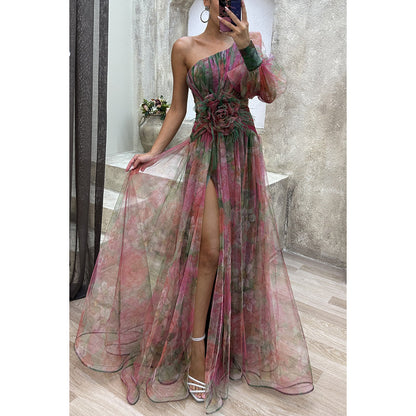 Women's Off-Shoulder Tie-Dye Mesh Slit Long Dress – Summer Party Fashion