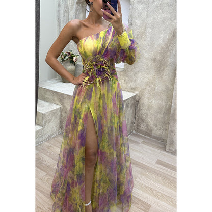 Women's Off-Shoulder Tie-Dye Mesh Slit Long Dress – Summer Party Fashion