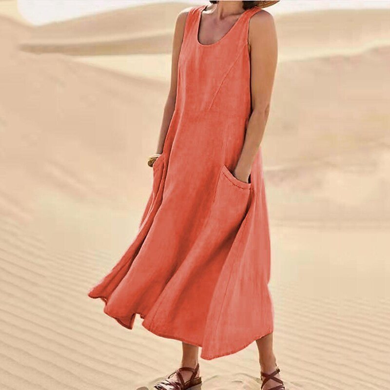 Summer Pocket Sleeveless Round Neck Women's Cotton And Linen Dress