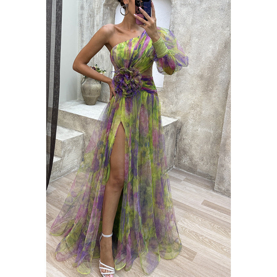 Women's Off-Shoulder Tie-Dye Mesh Slit Long Dress – Summer Party Fashion