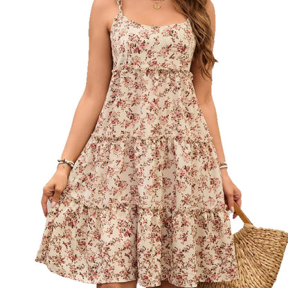Women Floral Pleated Lace Up Dress