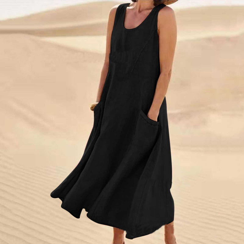 Summer Pocket Sleeveless Round Neck Women's Cotton And Linen Dress