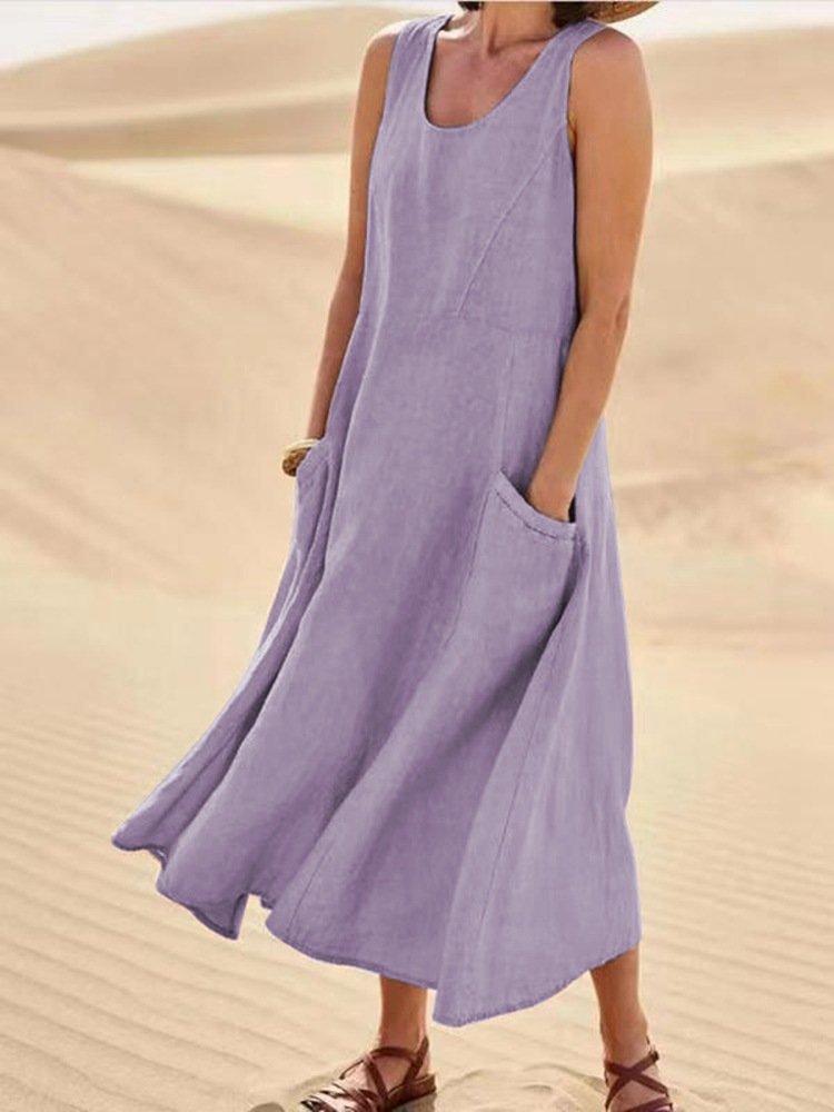 Summer Pocket Sleeveless Round Neck Women's Cotton And Linen Dress