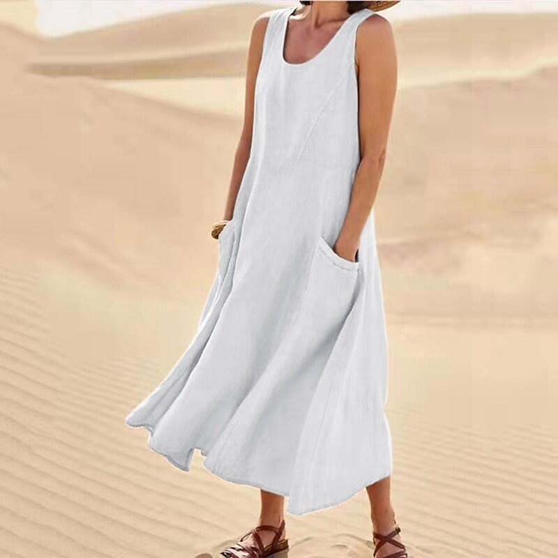 Summer Pocket Sleeveless Round Neck Women's Cotton And Linen Dress